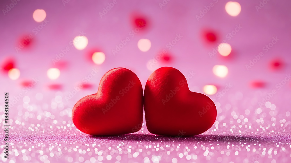 Fototapeta premium Symbol of love with two red hearts on a shimmering pink glitter surface against a soft focus background with beautiful glowing bokeh lights