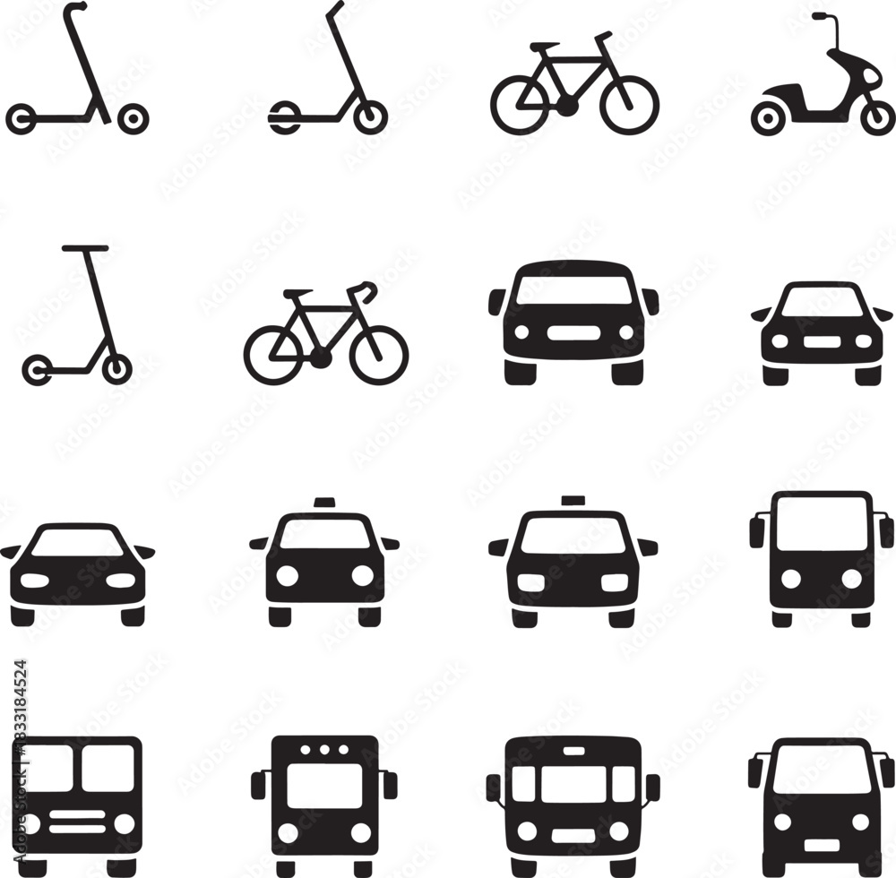 Naklejka premium Transportation vehicle icons set scooters bikes cars taxis and buses isolated