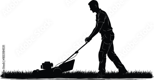 Silhouette of a person mowing grass with a lawn mower, outdoor work, landscaping, yard maintenance, gardening activity
