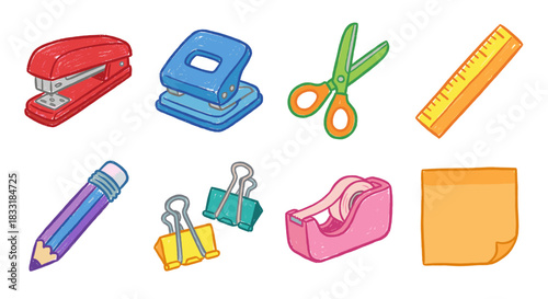 Office supplies colorful cartoon icons set