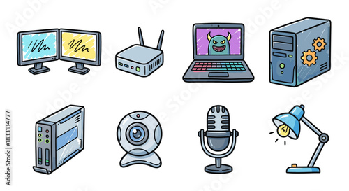 Computer and electronic devices cartoon icons set