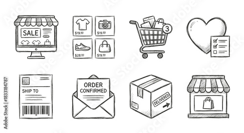 E-commerce and online shopping hand-drawn icons set
