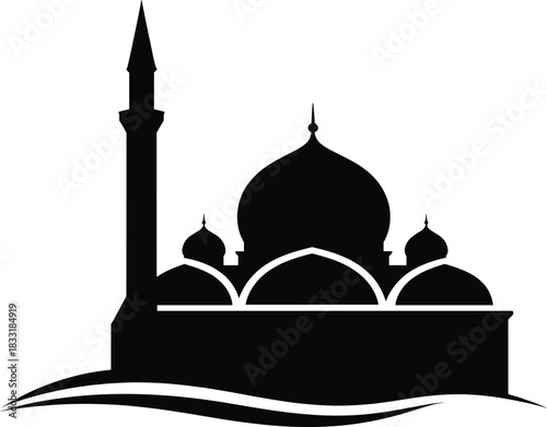 Muslim pray icon depicting a grand mosque silhouette with minaret, artistic design, isolated on transparent background for architecture