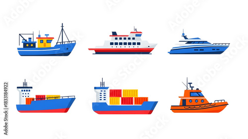 Marine transportation pack - fishing boat, ferry, yacht, container vessel, ocean rescue craft, bold modern palette, minimal shapes
