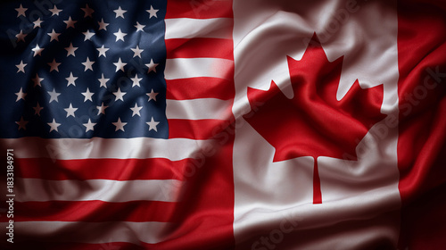 us american flag and canadian flag waving together. relations between usa and canada