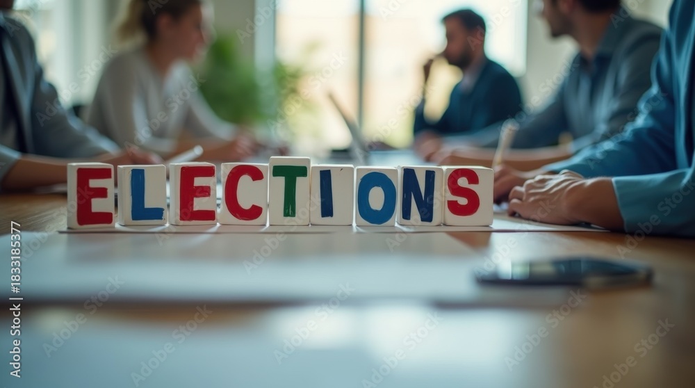 Fototapeta premium elections lettering text on blur formal work space office background 