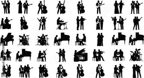 Musician silhouette collection, musical instruments, live performance poses, black vector, piano, guitar, drums, violin, cello, vocalist, white background