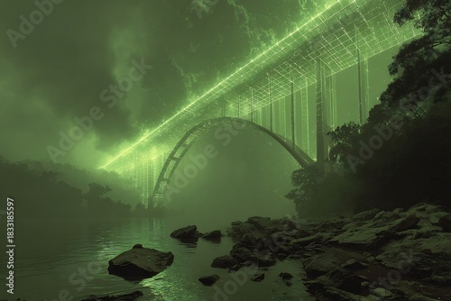 Massive arch bridge rendered in a green wireframe grid style resembling a Lidar structural scan toxic futuristic atmosphere. Environment
