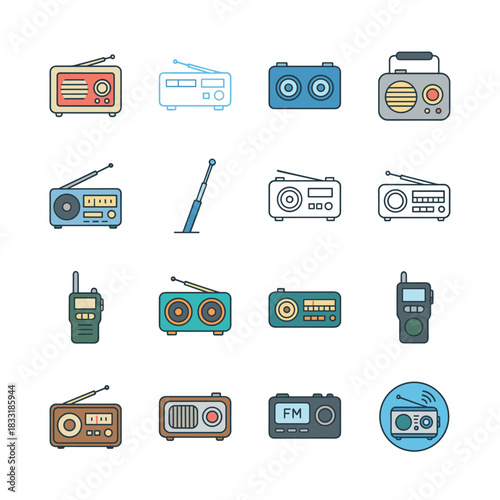 Radio and communication devices cartoon icons set