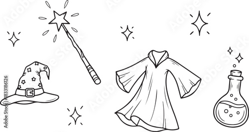 Enchanted Wizardry Essentials — Magical Hat, Spell Wand, Mystic Robe & Potion Line Art Illustration