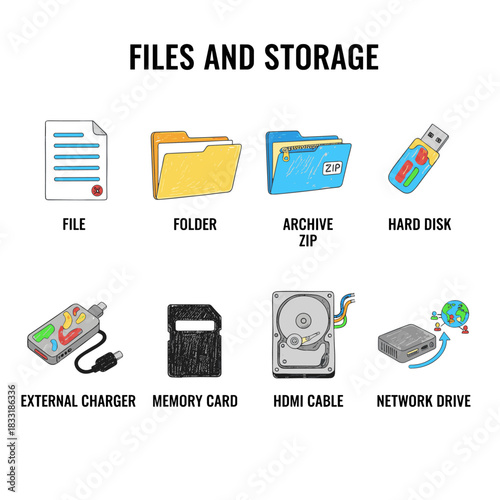 Files and Storage digital icons set