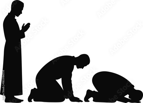 Muslim pray icon showing different prayer stages, silhouette collection, isolated on transparent background for religious practices