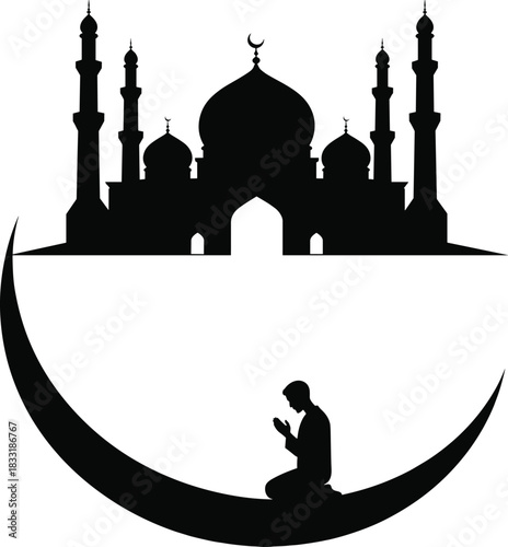 Muslim pray icon silhouette mosque with minarets dome and man on crescent moon ramadan kareem religion islam