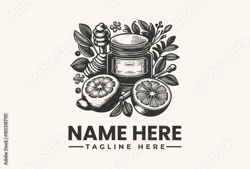 Vintage honey and lemon logo design, hand-drawn vector illustration for natural food branding