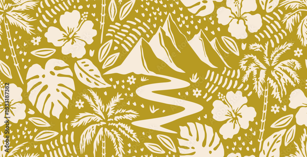 Naklejka premium Tropical seamless pattern with hand drawn palm trees. Hawaiian florals summer background for fabric, textiles, clothing, poster, cover, decoration, banner, wallpaper, interior. Vector illustration.