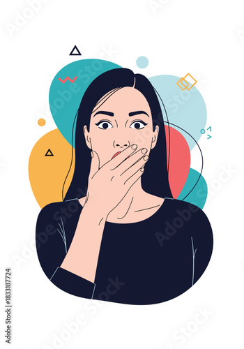 Portrait of a surprised young woman with long black hair covering her mouth with her hand in shock, amazement or disbelief.
