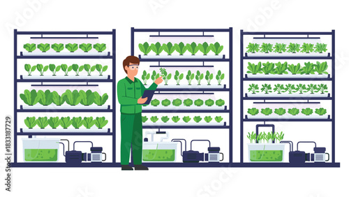 Innovative vertical farming system with a happy farmer inspecting the fresh produce growing in his modern hydroponic garden