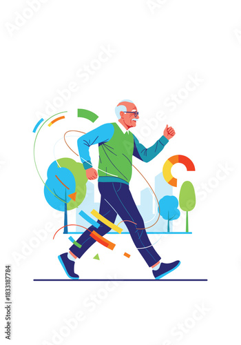Active elderly man enjoying a healthy lifestyle by power walking or jogging in a city park with colorful abstract design elements.
