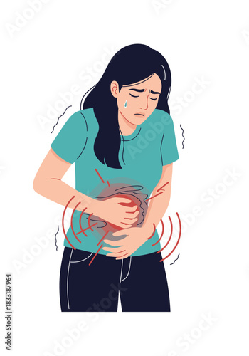 Woman suffering from severe abdominal pain, clutching her stomach with a painful expression due to period cramps or indigestion.