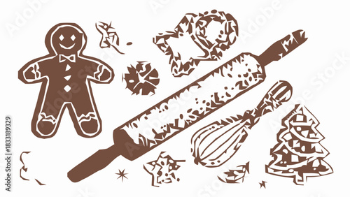Festive holiday baking scene with gingerbread man, rolling pin, whisk, and cookie cutters, perfect for seasonal promotions and heartwarming designs