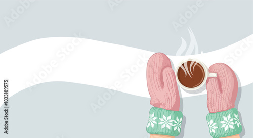 Cozy hands in pink mittens cradling a hot beverage with steam on a subtle winter background for a comforting visual