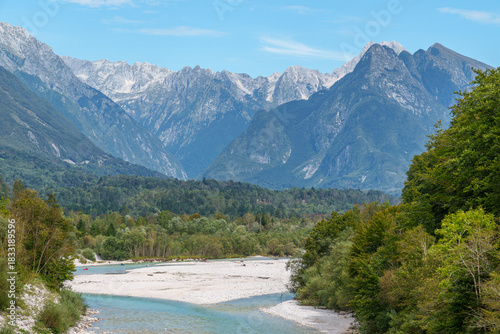 The beautiful turquoise water of the Soca river, near the Boka waterfall in Slovenia 
