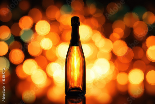 Joyful celebration background with golden sparkling wine bottle silhouette and warm festive light for special event