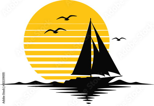 Sailboat silhouette at sunset with flying birds, ocean horizon scene, nautical illustration design, peaceful maritime artwork, serene evening landscape