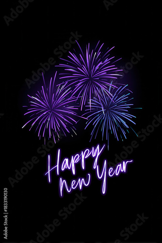 Joyful happy new year lettering text and festive purple firework. greeting for dark night holiday celebration event