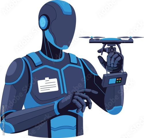 Blue robot using remote control drone wrist screen technology futuristic concept and technologythemed graphic design projects. Robotics, technology, scifi themes.