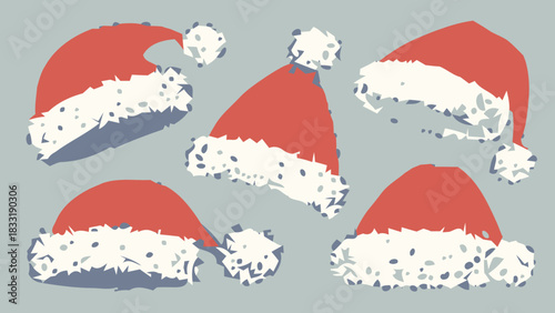 Festive holiday spirit with playful Santa Claus hats, perfect for Christmas promotions, winter designs, and cheerful seasonal greetings, vector origin