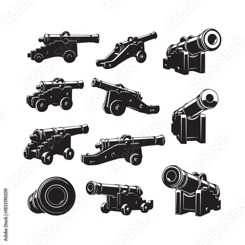 ancient cannon silhouettes and head logos collection, cannon silhouette, war weapon vector, vintage artillery, historic weapon, battlefield symbol