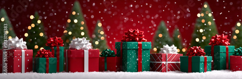 red background with christmas trees and gifts