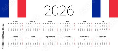 French 2026 calendar template. Vector illustration design template start from monday. Full months for wall calendar. isolated wall background.