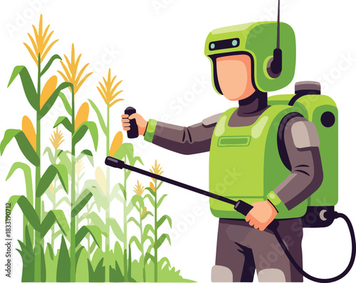 Futuristic farmer sprays pesticide on corn field with modern equipment. Ideal for agriculture, technology, farming, innovation, scifi themes.