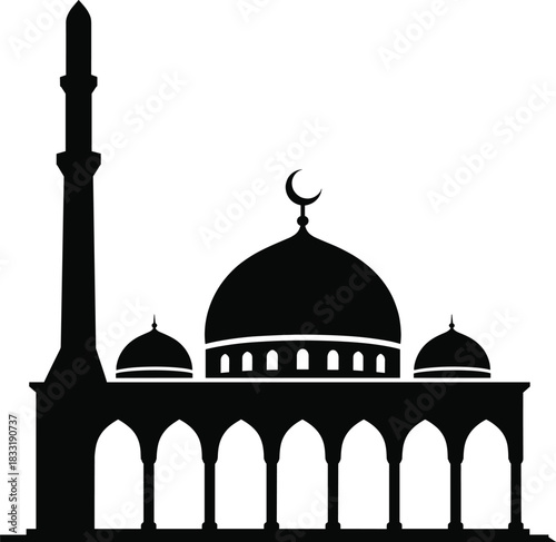 Islamic mosque silhouette with single minaret and dome muslim pray icon. traditional arabian architecture building