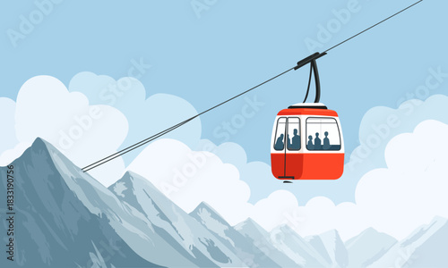  Mountain cable car and cabin with tourists