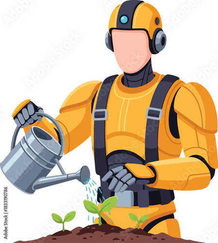 Yellow robot tends to small plants in soil with care. Suitable for gardening or technology concepts in design projects.