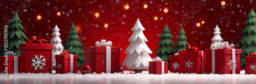 red background with christmas trees and gifts