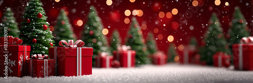 red background with christmas trees and gifts