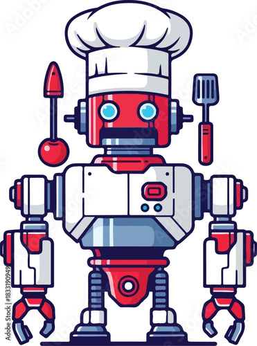 Robot chef with red and white color scheme is equipped with cooking tools. Perfect for culinary designs or futuristic kitchen concepts.