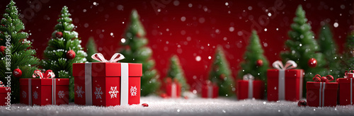 red background with christmas trees and gifts
