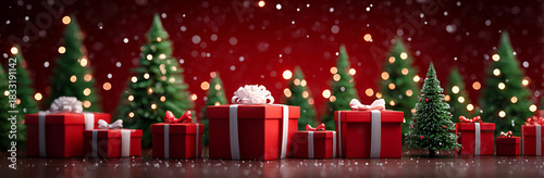 red background with christmas trees and gifts