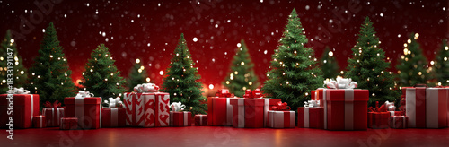 red background with christmas trees and gifts