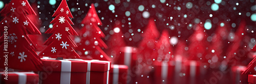 red background with christmas trees and gifts