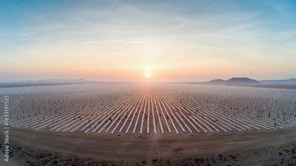 Naklejka premium Aerial view of a vast solar panel field at sunrise. The image captures the scale of renewable energy infrastructure with a warm, optimistic atmosphere.