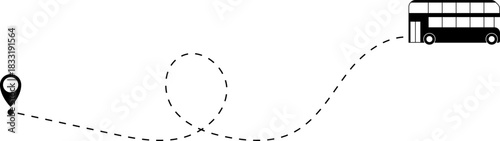 Bus driving on dotted route with map pin. A Bus and dotted line. Dashed line route. Travel navigation routes with dash line path, location pins and bus. Bus icon with line start point set. Bus icon