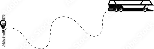 Bus driving on dotted route with map pin. A Bus and dotted line. Dashed line route. Travel navigation routes with dash line path, location pins and bus. Bus icon with line start point set. Bus icon
