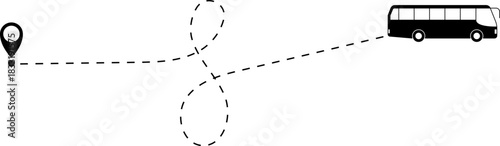 Bus driving on dotted route with map pin. A Bus and dotted line. Dashed line route. Travel navigation routes with dash line path, location pins and bus. Bus icon with line start point set. Bus icon