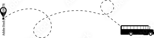 Bus driving on dotted route with map pin. A Bus and dotted line. Dashed line route. Travel navigation routes with dash line path, location pins and bus. Bus icon with line start point set. Bus icon